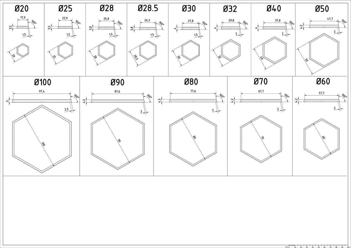 Hexagonal Bases for Miniatures - 20mm to 100mm - 3D Printed with high quality PLA+ for Tabletop Games/Wargames/D&D games