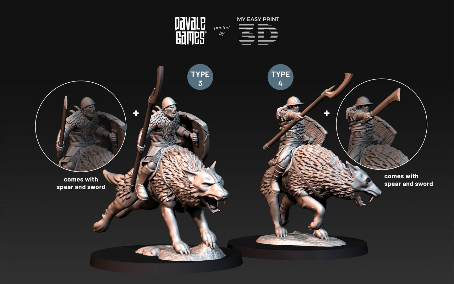Warg Rider Warrior - Mounted - Davale Games - 3D Printed with high quality resin for LOTR/D&D games