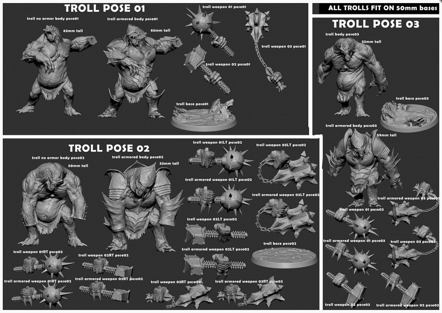 Armoured/No Armored Troll pose 01/02/03 - Mini Monster Mayhem - 3D Printed with high quality resin for LOTR/D&D games