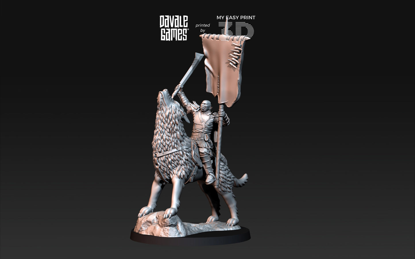 Warg Rider with Banner - Mounted - Davale Games - 3D Printed with high quality resin for LOTR/D&D gamesWarg Rider with Banner - Mounted - Davale Games - 3D Printed with high quality resin for LOTR/D&D games