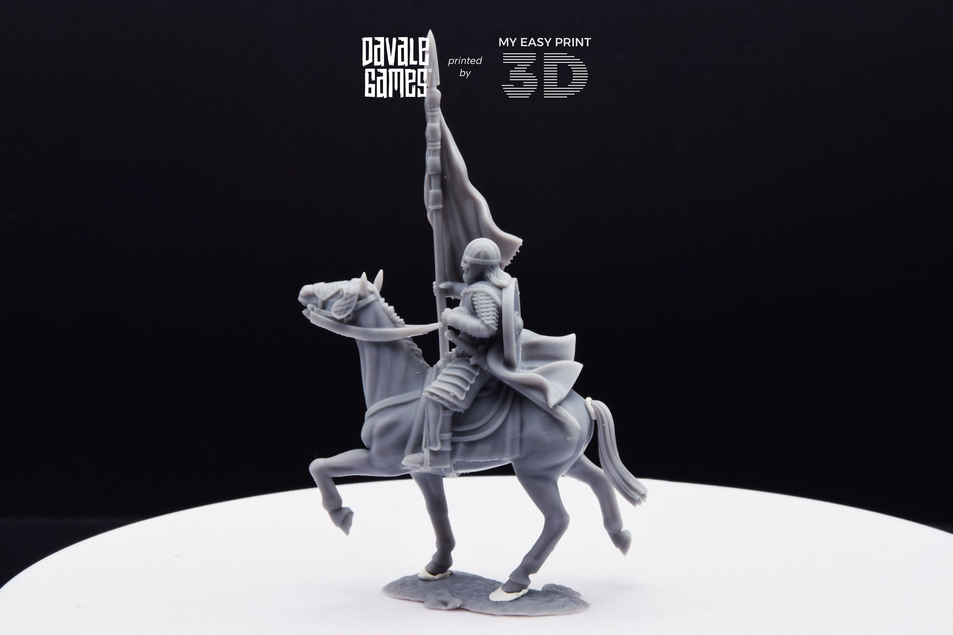 West Human on Horse with Banner - Mounted - Davale Games - 3D Printed with high quality resin for LOTR/D&D games