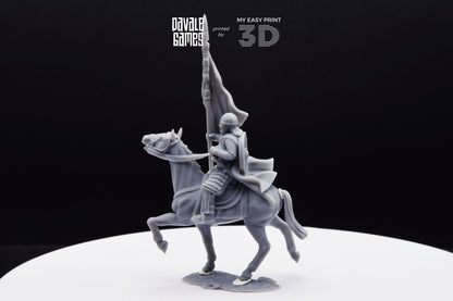 West Human on Horse with Banner - Mounted - Davale Games - 3D Printed with high quality resin for LOTR/D&D games