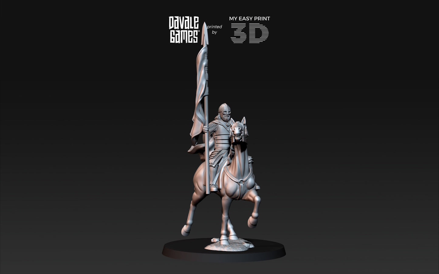 West Human on Horse with Banner - Mounted - Davale Games - 3D Printed with high quality resin for LOTR/D&D games