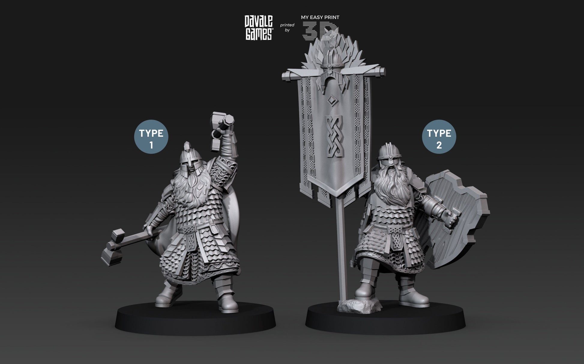 Kingdom Champion Dwarf and Banner - Davale Games - 3D Printed with high quality resin for LOTR/D&D games
