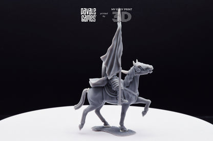 West Human on Horse with Banner - Mounted - Davale Games - 3D Printed with high quality resin for LOTR/D&D games