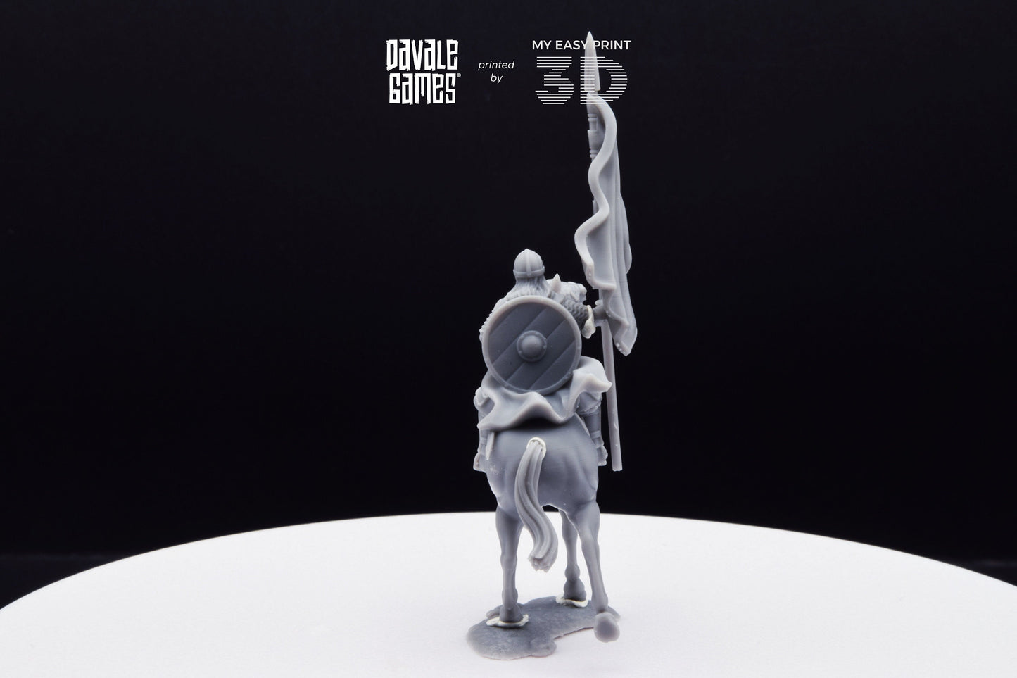 West Human on Horse with Banner - Mounted - Davale Games - 3D Printed with high quality resin for LOTR/D&D games