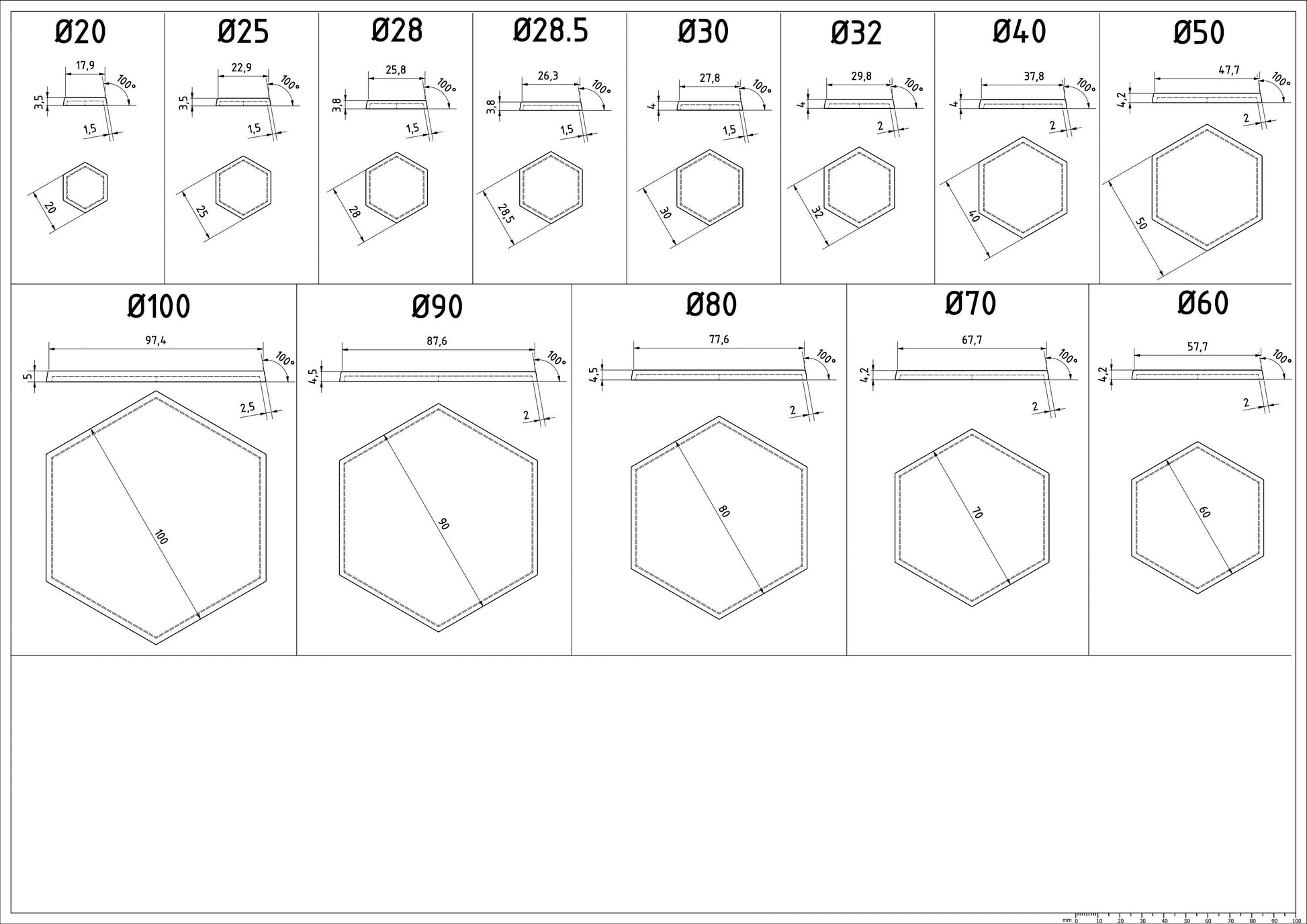 Hexagonal Bases for Miniatures - 20mm to 100mm - 3D Printed with high quality PLA+ for Tabletop Games/Wargames/D&D games