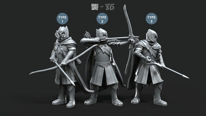 Grey Castle Guard with Long Bows - Davale Games - 3D Printed with high quality resin for LOTR/D&D games