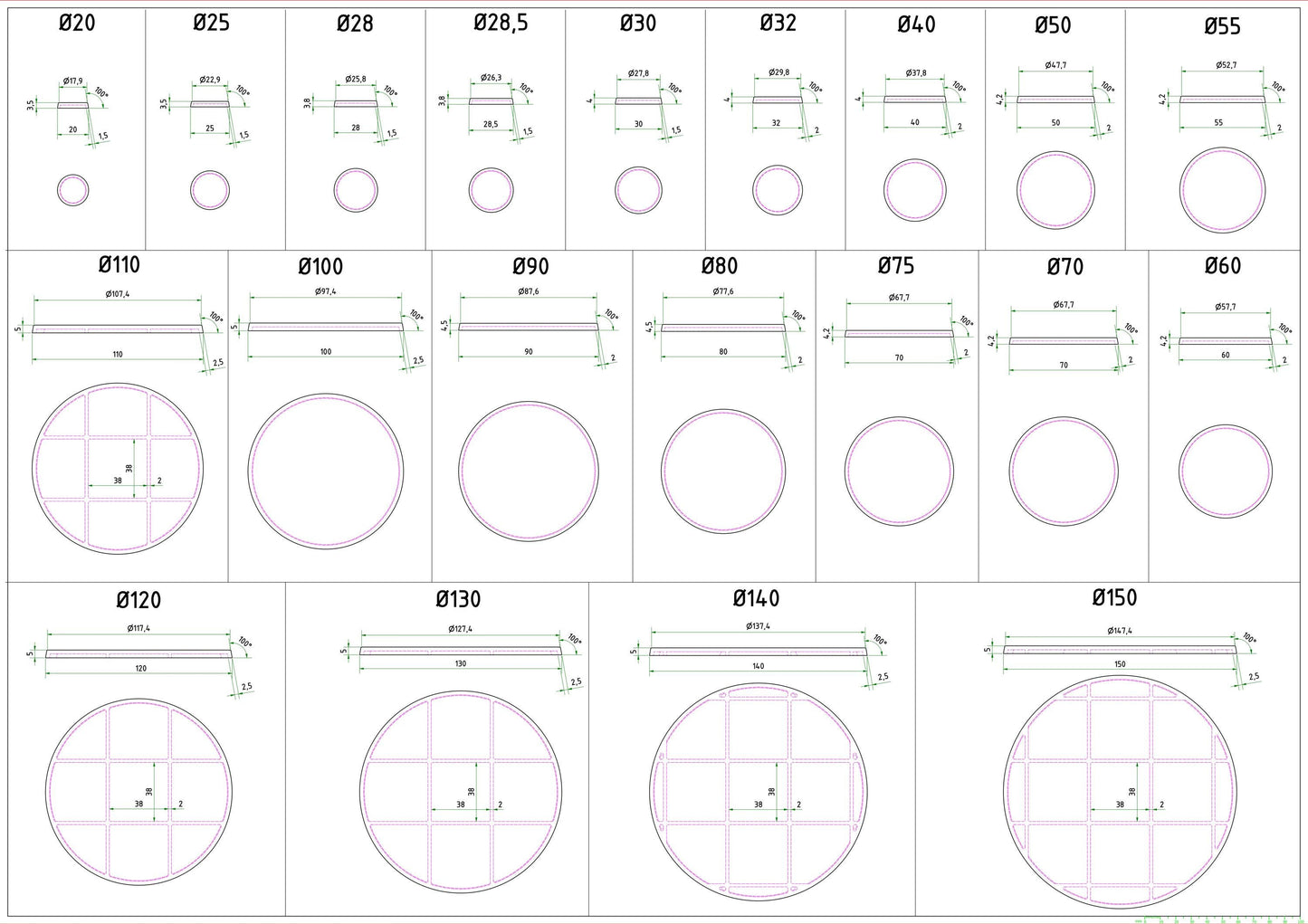 Round Bases for Miniatures - 20mm to 200mm - 3D Printed with high quality PLA+ for Tabletop Games/Wargames/D&D games