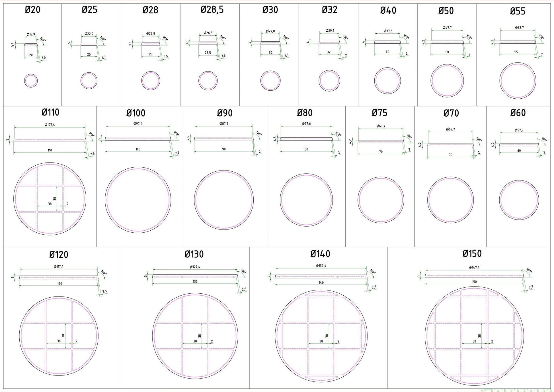 Round Bases for Miniatures - 20mm to 200mm - 3D Printed with high quality PLA+ for Tabletop Games/Wargames/D&D games