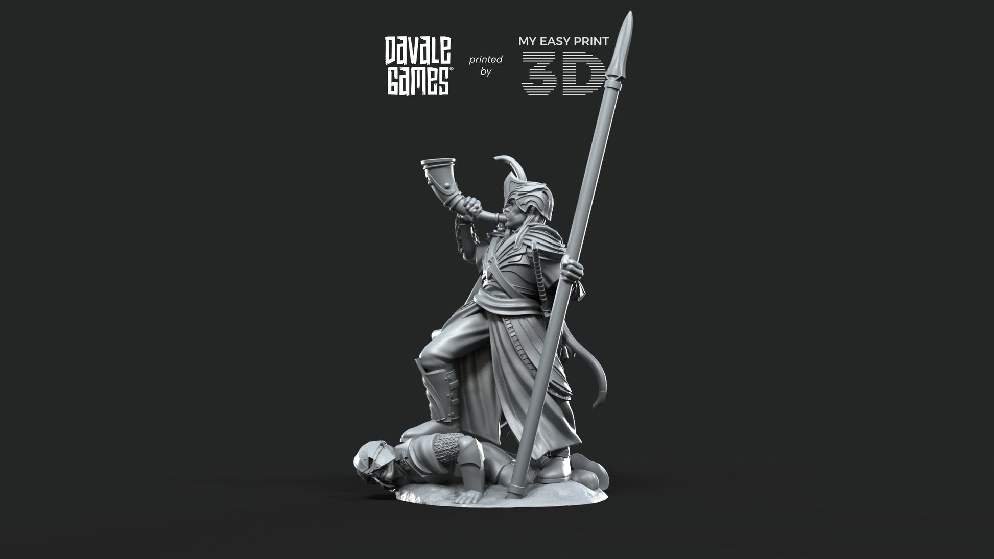 Galanthir Elves Warrior with Horn and Spear - Davale Games - 3D Printed with high quality resin for LOTR/D&D games