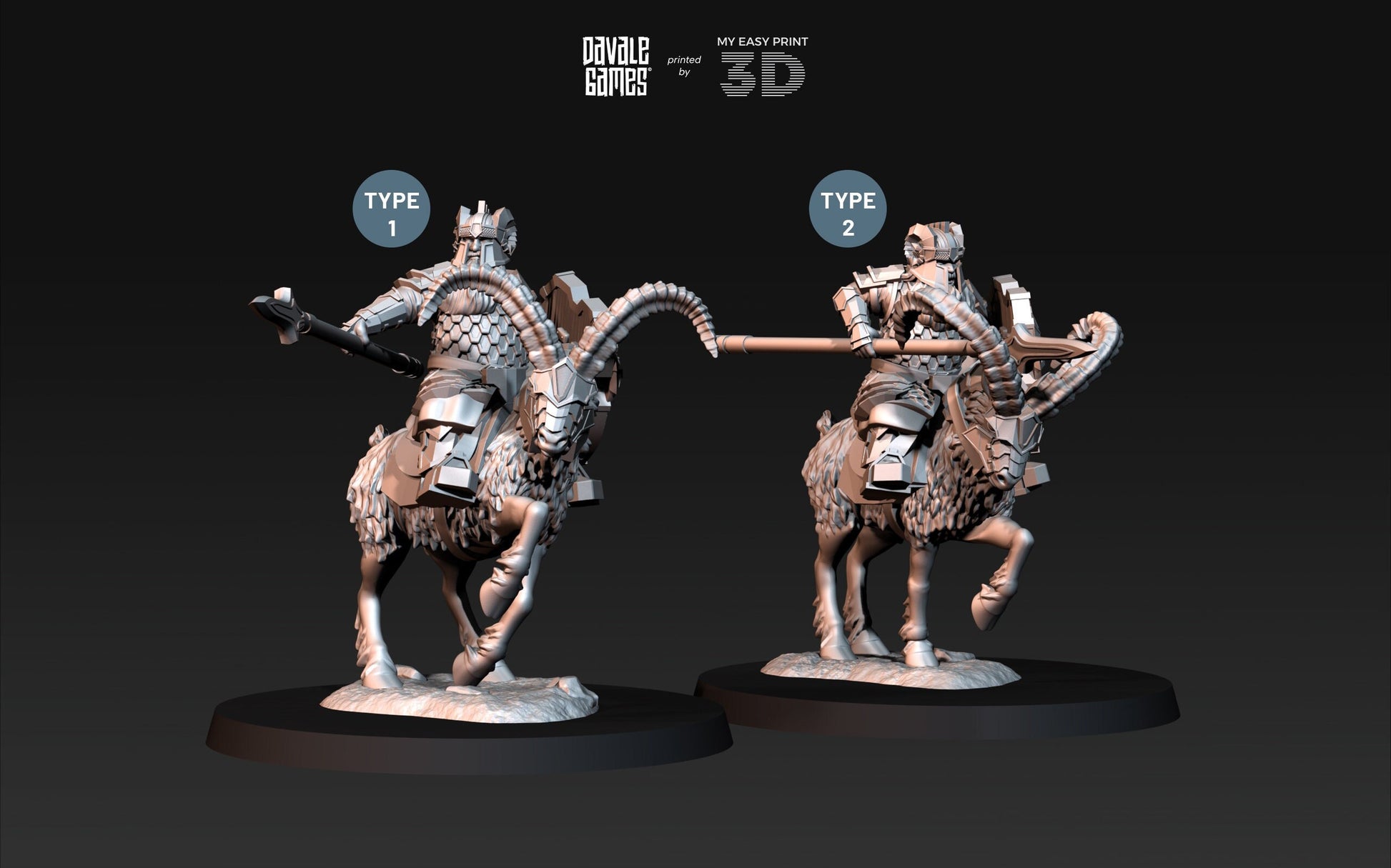 Silver Goat Dwarf Spearman - Mounted - Davale Games - 3D Printed with high quality resin for LOTR/D&D games