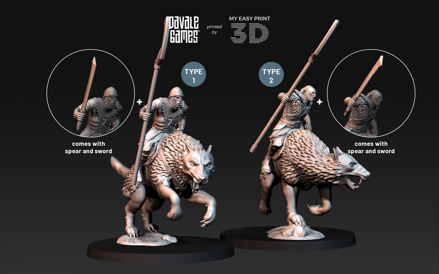 Warg Rider Warrior - Mounted - Davale Games - 3D Printed with high quality resin for LOTR/D&D games