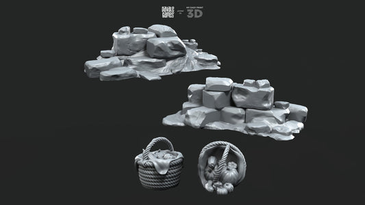 Scenery Elements - Rocks and Baskets - Davale Games - 3D Printed with high quality resin for LOTR/D&D games