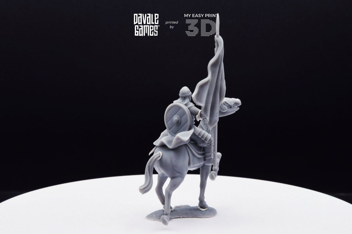 West Human on Horse with Banner - Mounted - Davale Games - 3D Printed with high quality resin for LOTR/D&D games