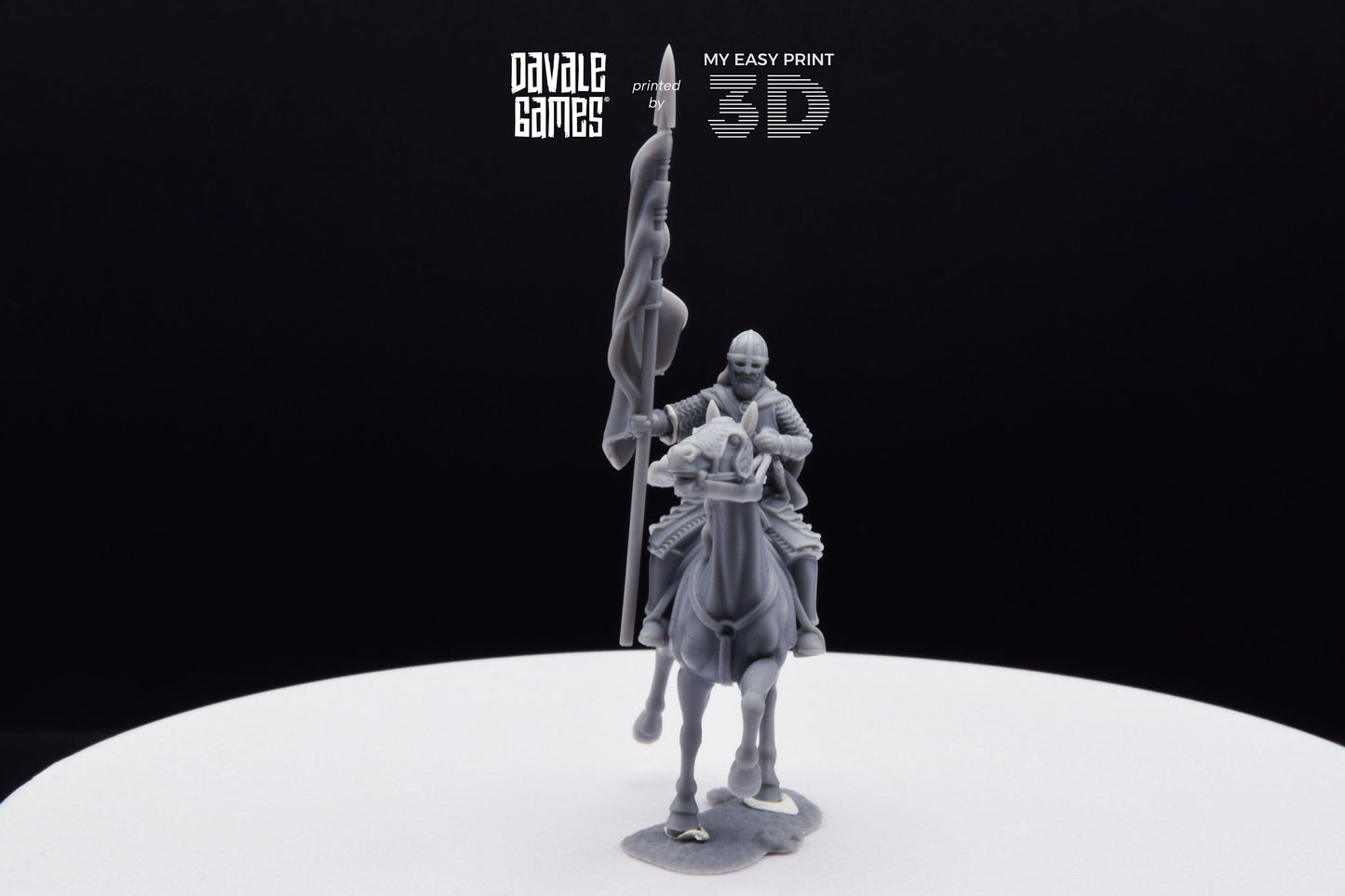 West Human on Horse with Banner - Mounted - Davale Games - 3D Printed with high quality resin for LOTR/D&D games