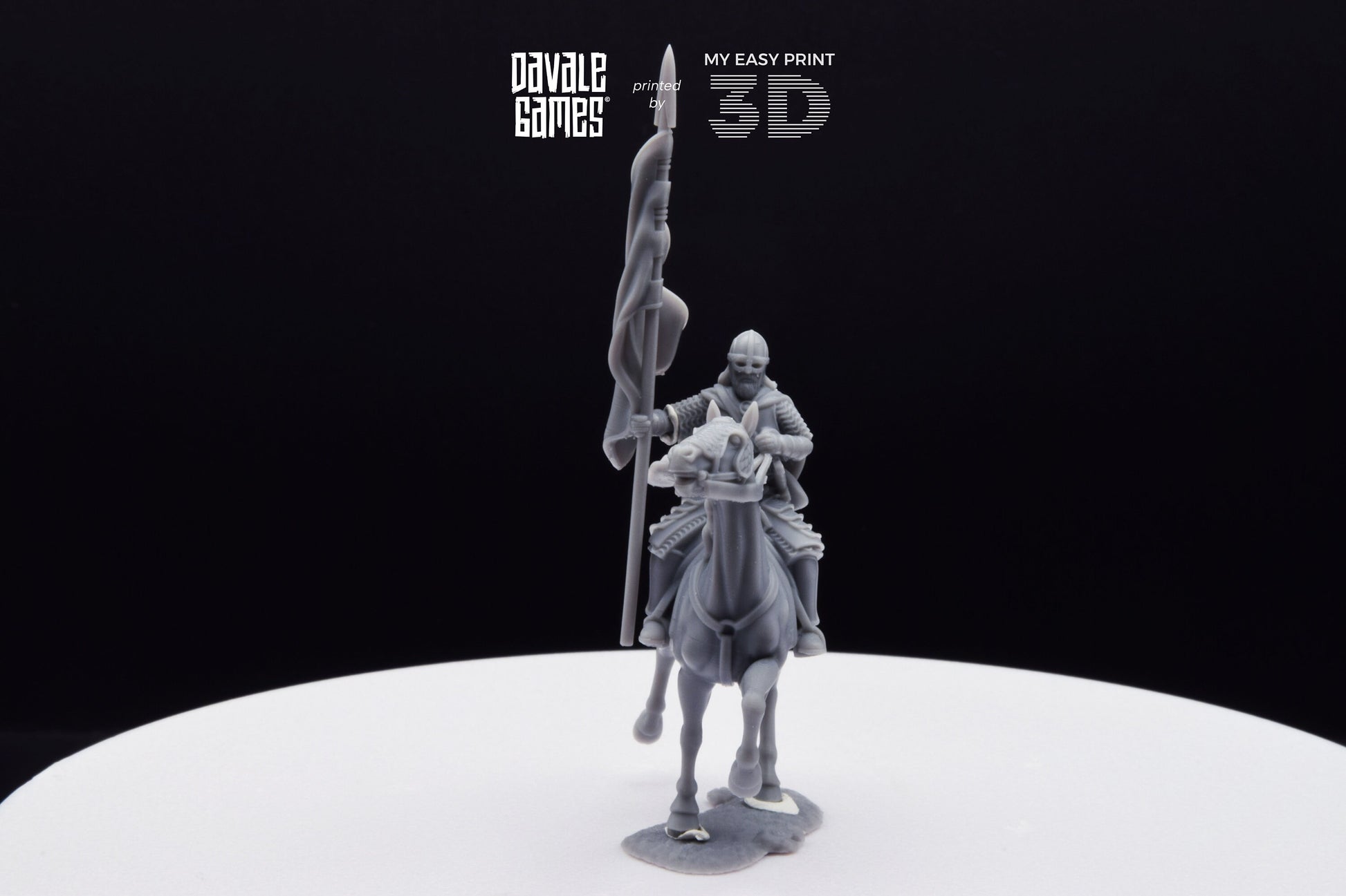 West Human on Horse with Banner - Mounted - Davale Games - 3D Printed with high quality resin for LOTR/D&D games