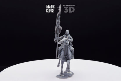 West Human on Horse with Banner - Mounted - Davale Games - 3D Printed with high quality resin for LOTR/D&D games