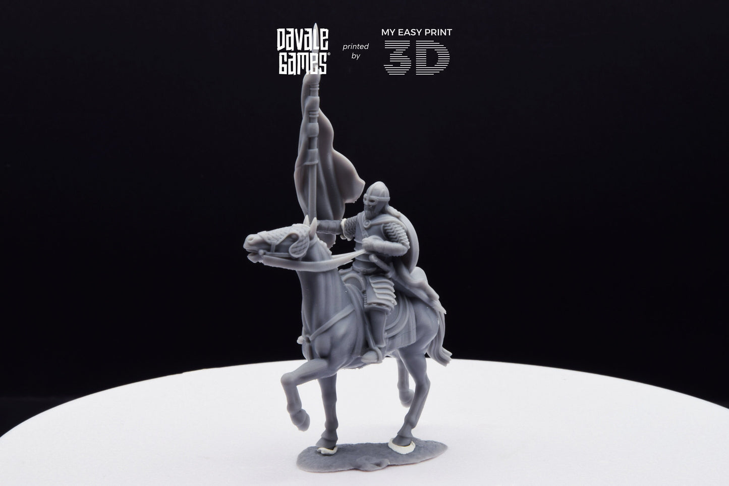 West Human on Horse with Banner - Mounted - Davale Games - 3D Printed with high quality resin for LOTR/D&D games