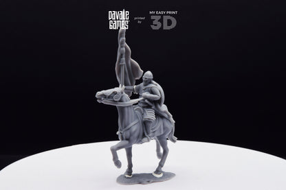 West Human on Horse with Banner - Mounted - Davale Games - 3D Printed with high quality resin for LOTR/D&D games