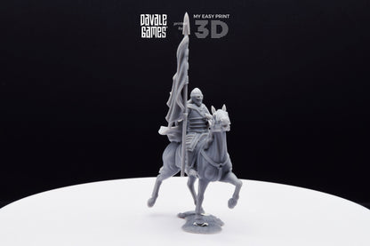 West Human on Horse with Banner - Mounted - Davale Games - 3D Printed with high quality resin for LOTR/D&D games