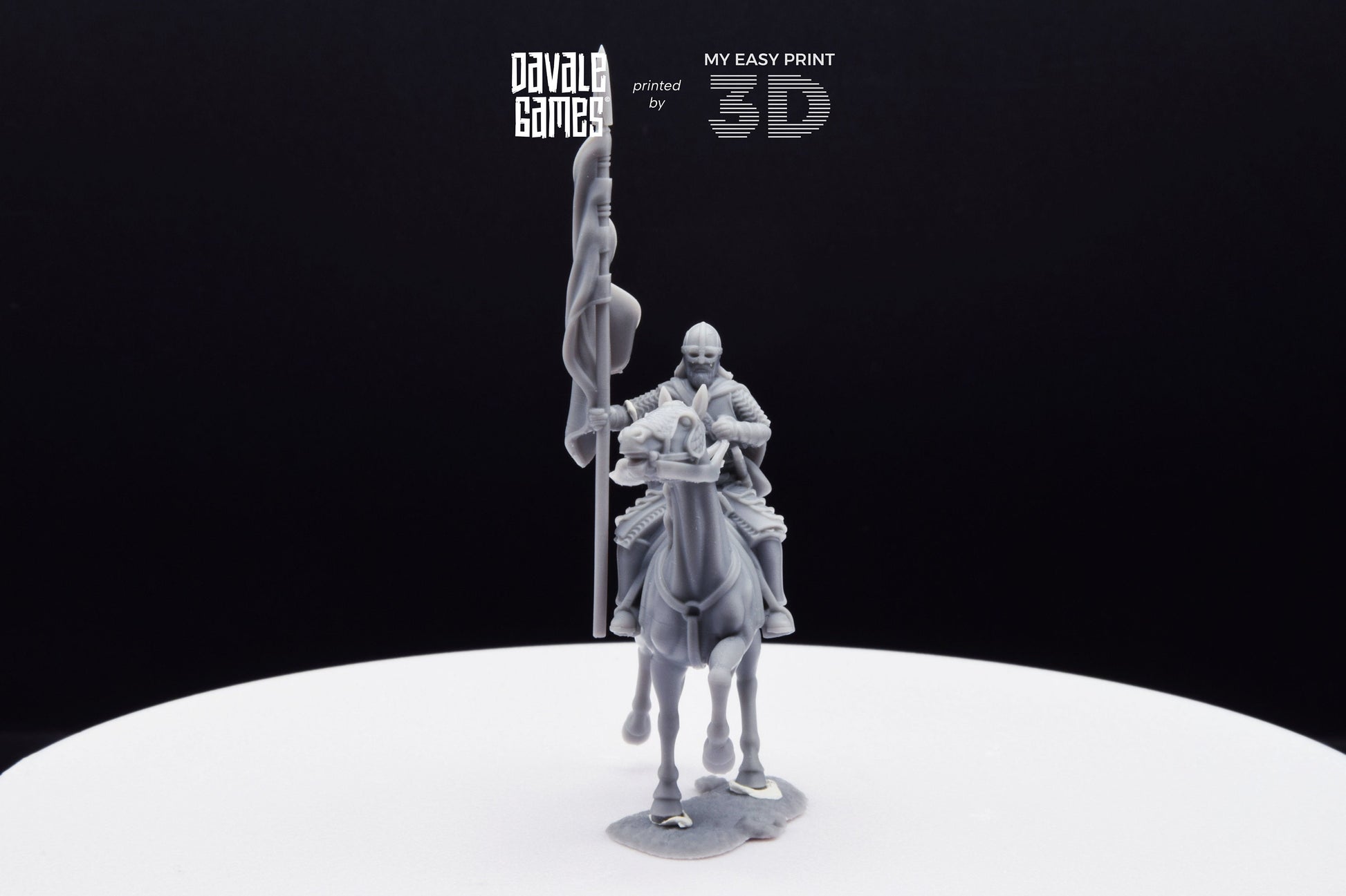 West Human on Horse with Banner - Mounted - Davale Games - 3D Printed with high quality resin for LOTR/D&D games