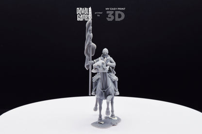 West Human on Horse with Banner - Mounted - Davale Games - 3D Printed with high quality resin for LOTR/D&D games