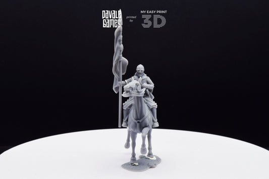 West Human on Horse with Banner - Mounted - Davale Games - 3D Printed with high quality resin for LOTR/D&D games